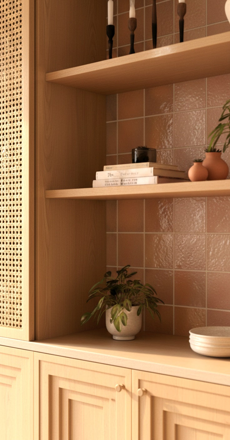 Retro Style Full Wall Cabinetry_TiledShelfClose-up