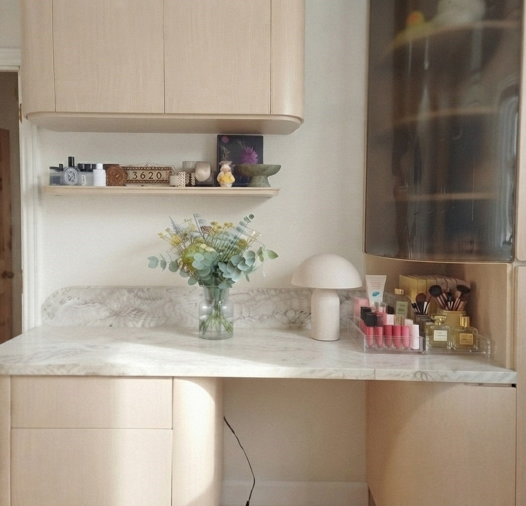 Rounded Style Vanity Set with Smoked-Glass Door