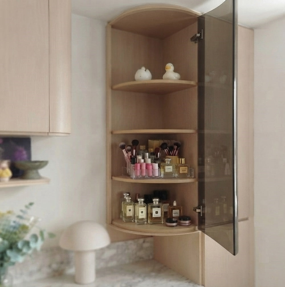 Rounded Style Vanity Set with Smoked-Glass Door